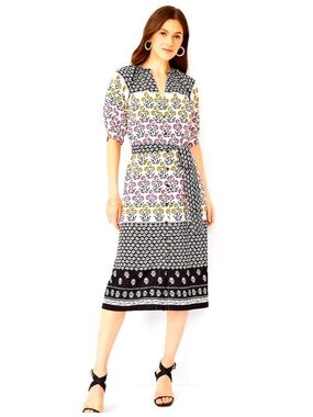 Ann Taylor Border Floral Puff Sleeve Shirtdress, Colorblock bohemian cottagecore